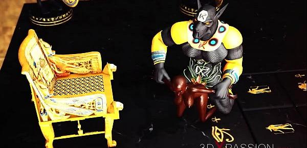 Ancient Egypt. Anubis plays with a hot black girl in the temple